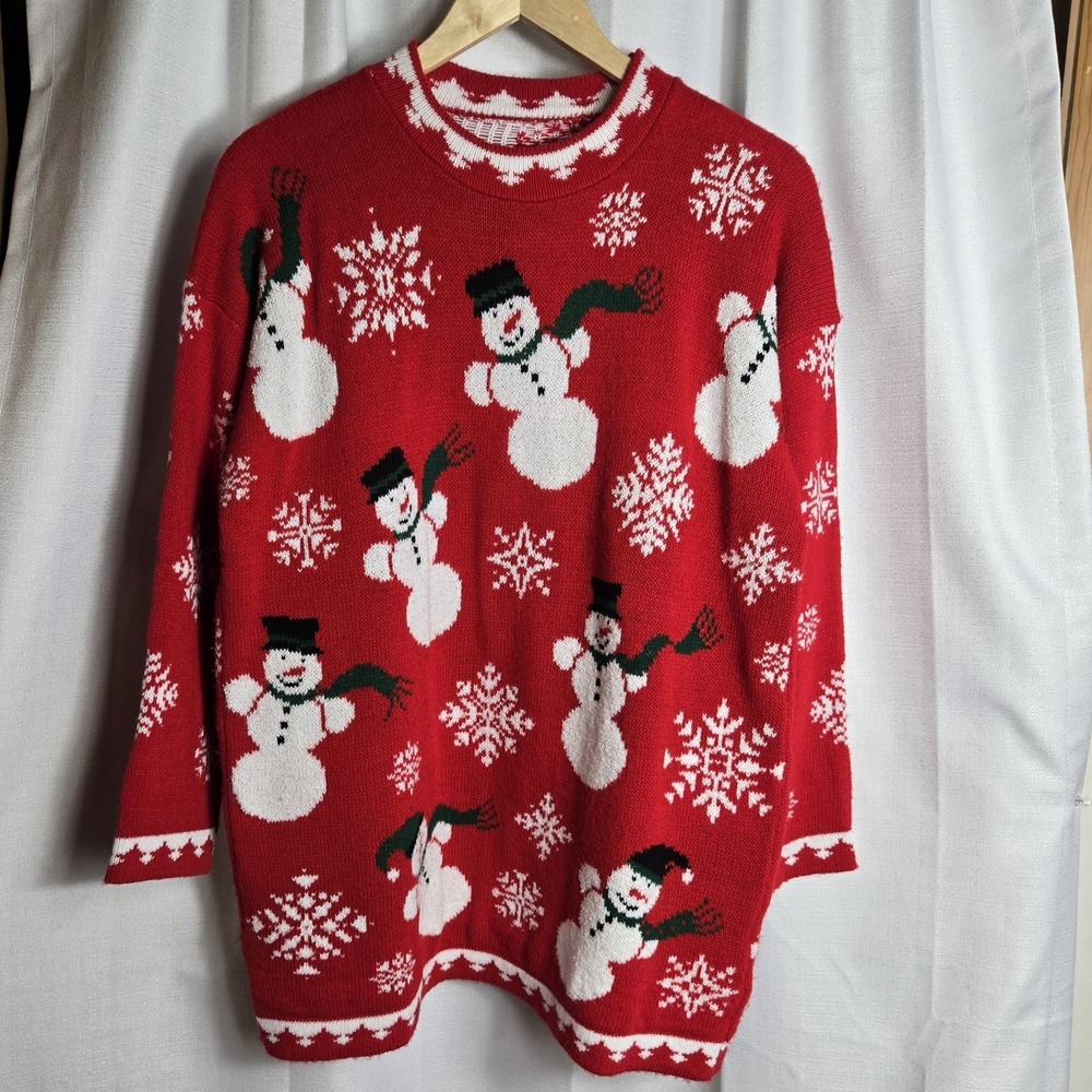 Vintage Red Snowman Christmas Sweater Snowflake Grandmacore USA SEE MEASUREMENTS